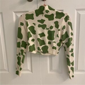 Zara Green cow print crop mock neck sweater size L